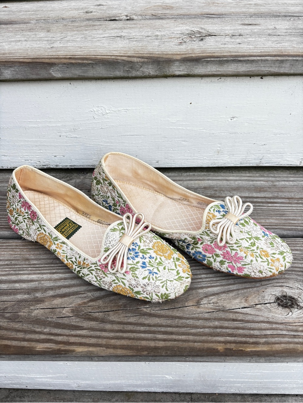 1960s Floral House Slippers Ballet Flats with Bow